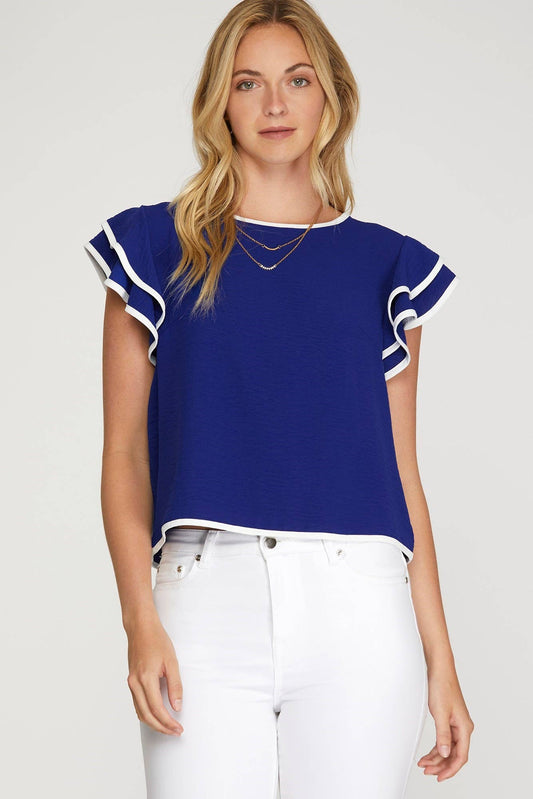 Game Day Ruffle Sleeve Contrast Piping Top- Royal Blue