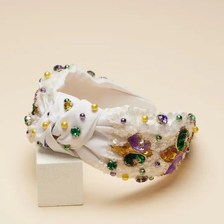 Elegant White Mardi Gras Headband with Fleur-De-Lis