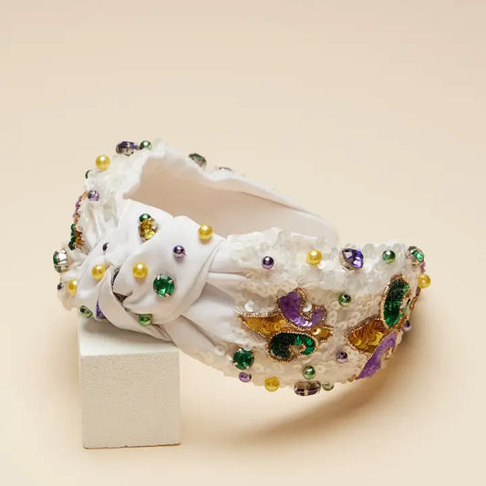Elegant White Mardi Gras Headband with Fleur-De-Lis