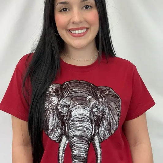 T-Town Elephant Tusks Women's Sequin Design Tee -Crimson