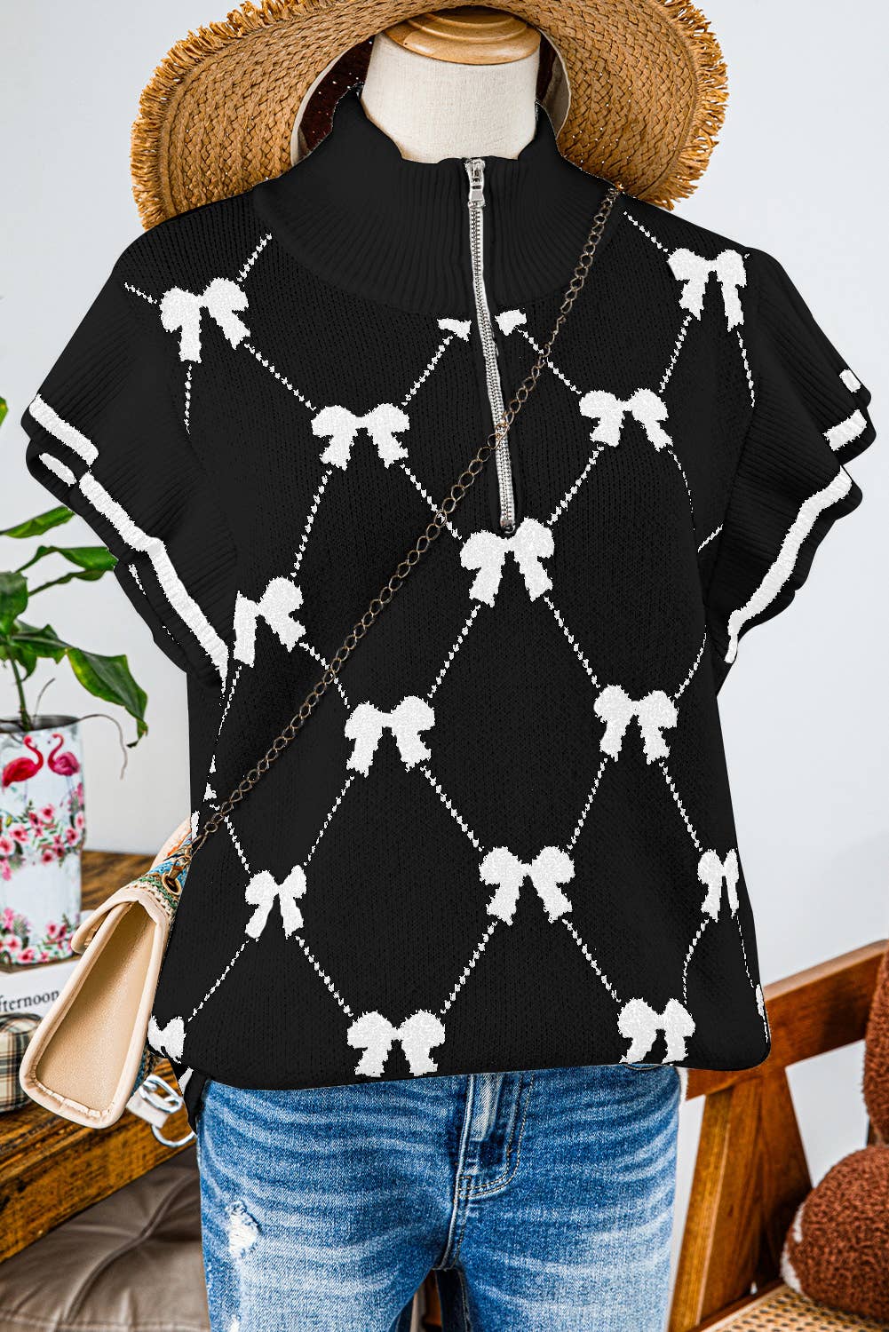 Fashion-W Preppy Vibes Bow Print Zipped Collar Sweater Tee- White