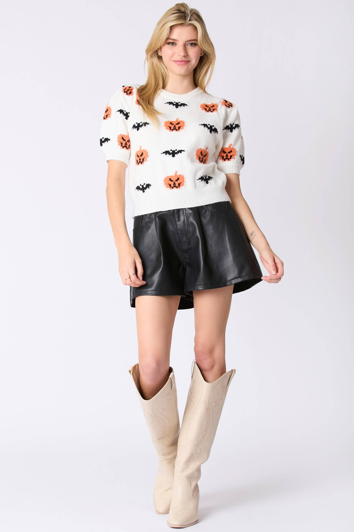 Halloween Pumpkin & Bat Pattern Puff Sleeve Sweater- White