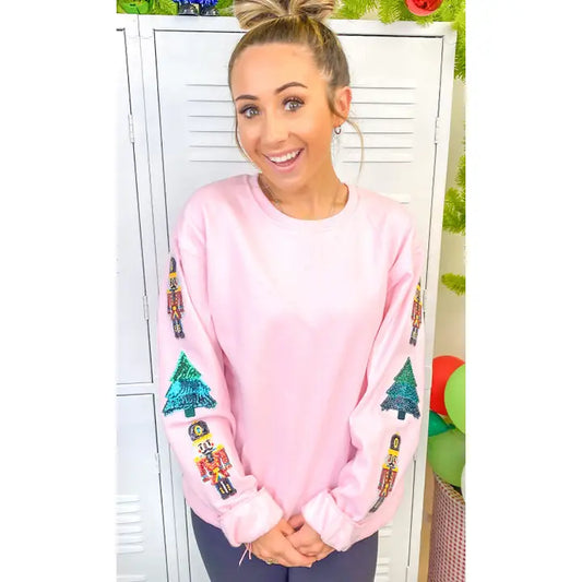 Nutcracker and Christmas Tree Sparkle Sleeve Sweatshirt