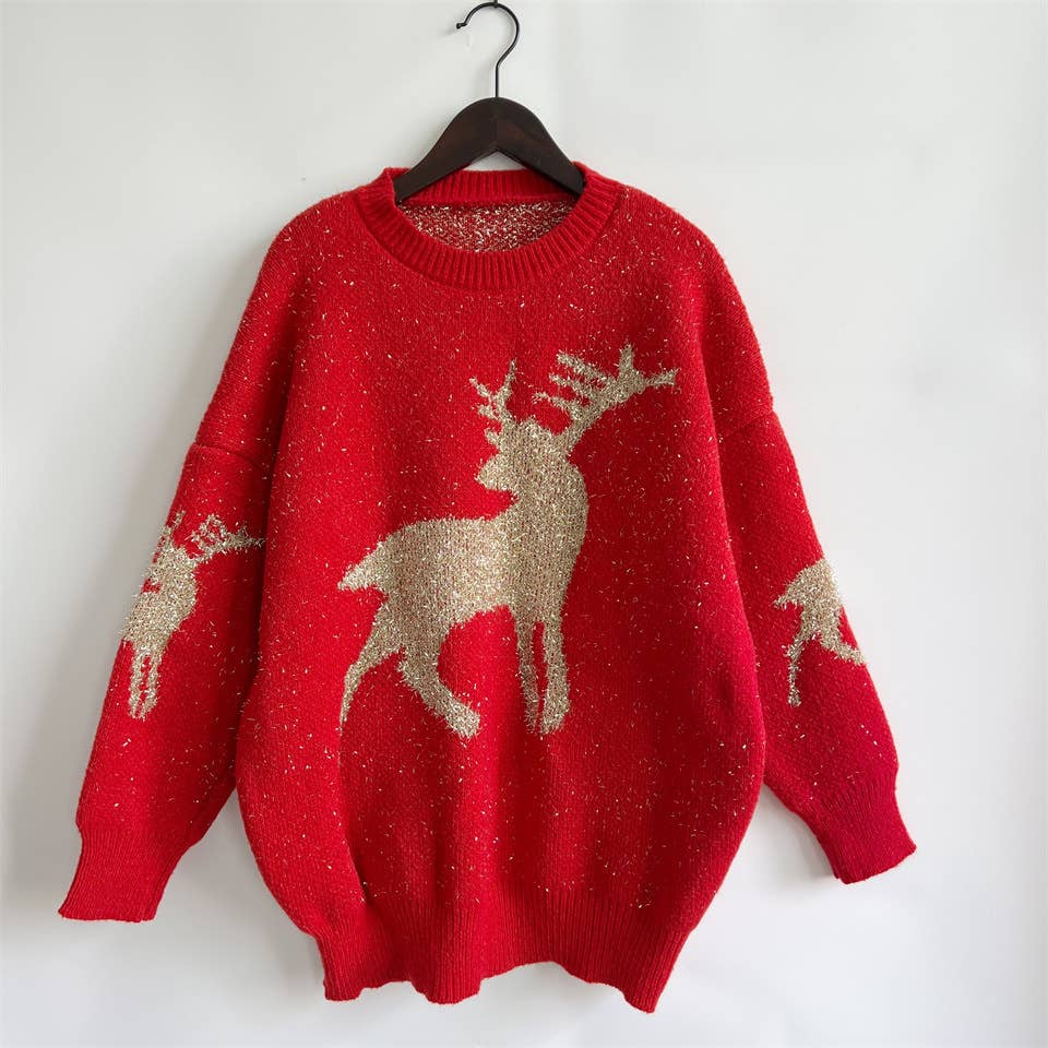 Fawn Gold Christmas Knitted Sweater- Red