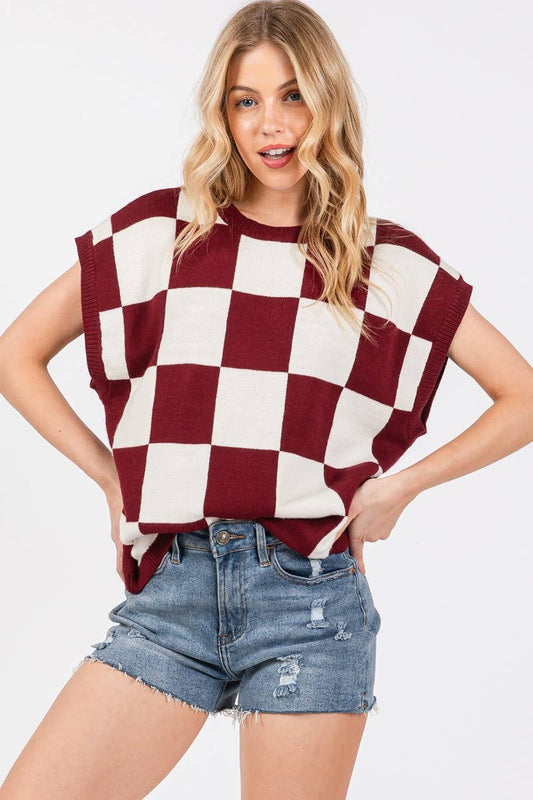 Checkered Knit Sleeveless Game Day Top