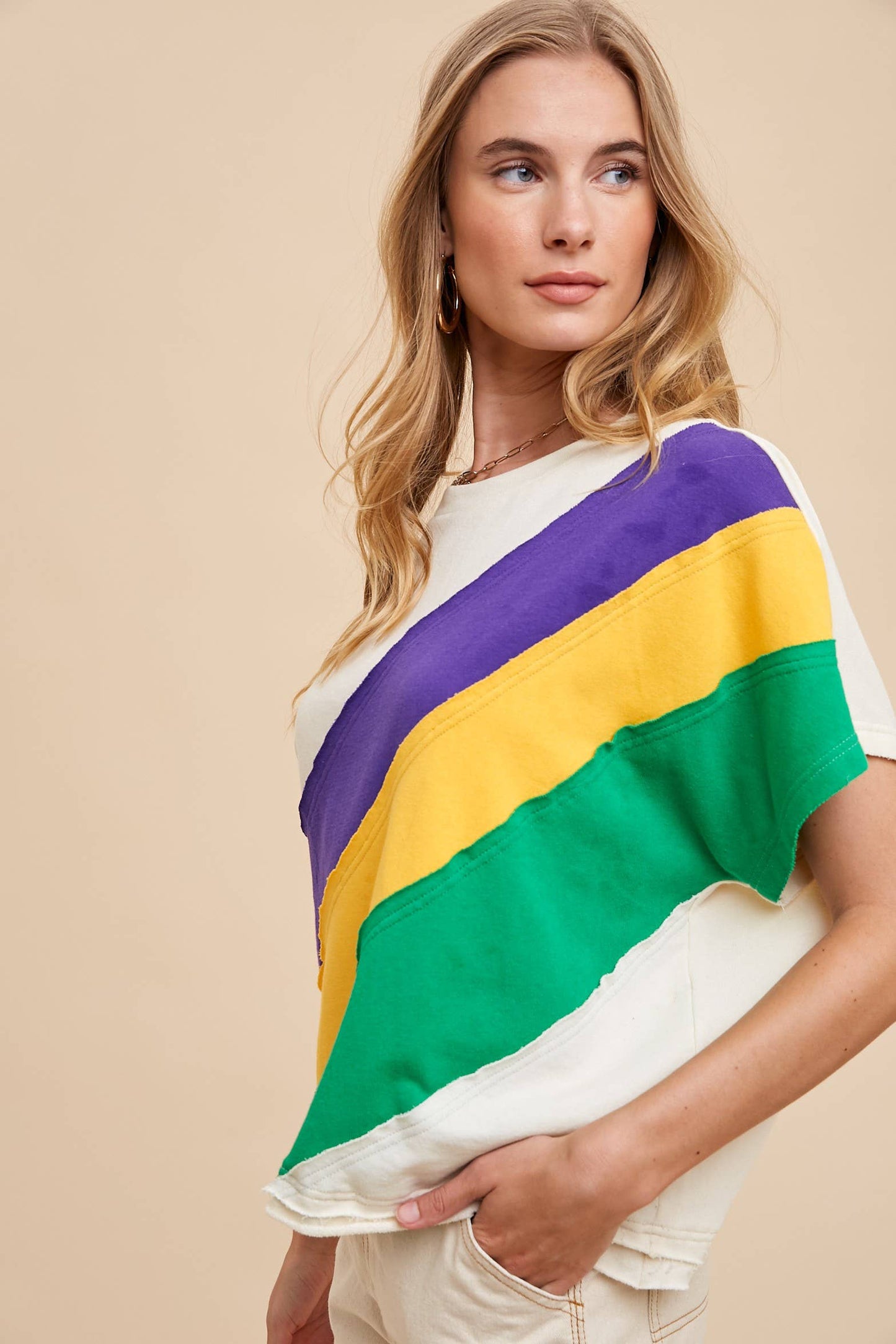 Mardi Gras Asymmetrical Color Block Pullover- Cream Combo