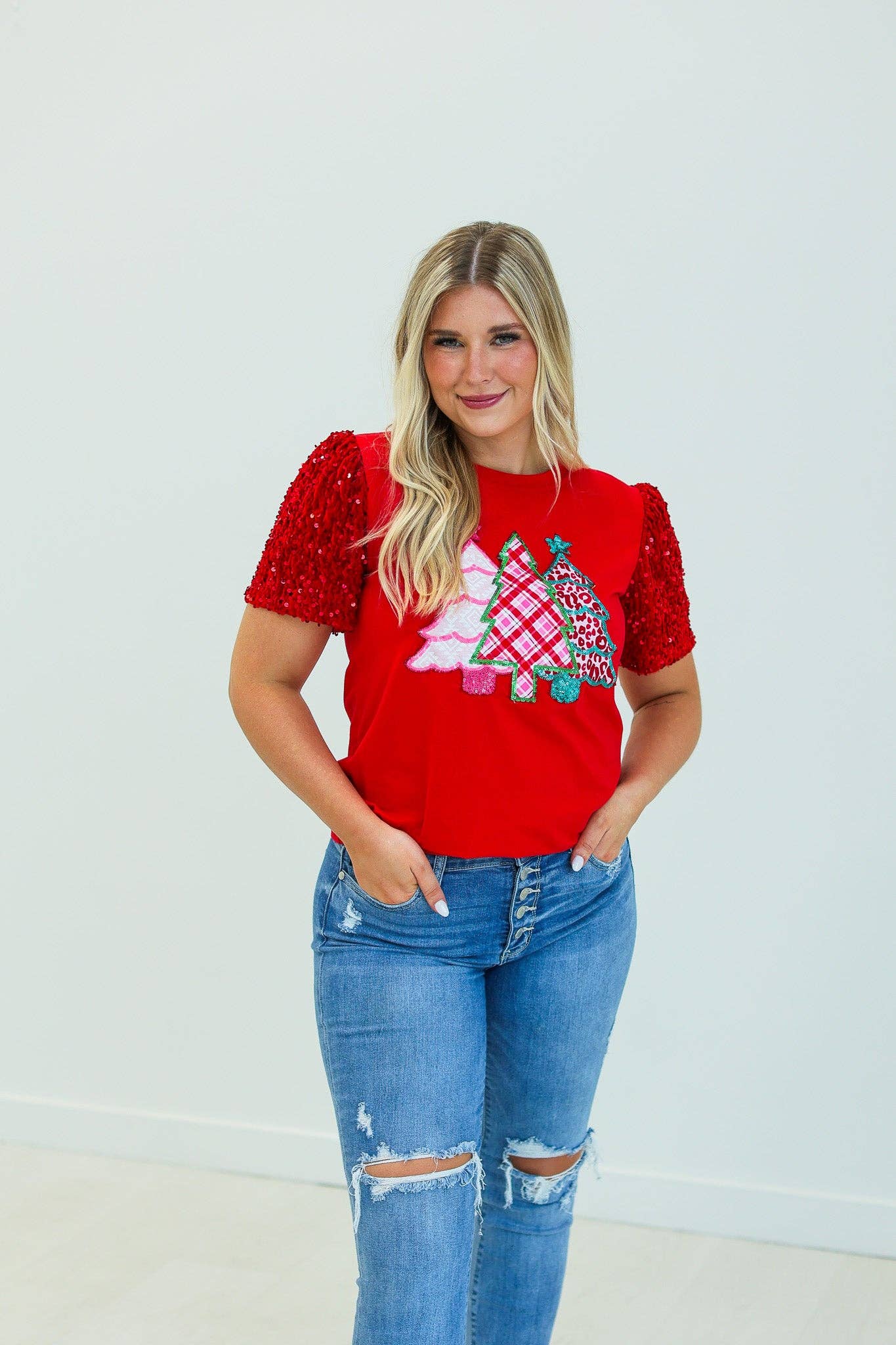 Christmas Tree Patch Top- Red