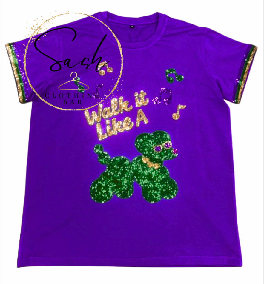 Mardi Gras Walk It Like A Dog Sequin Embroidered T-Shirt
