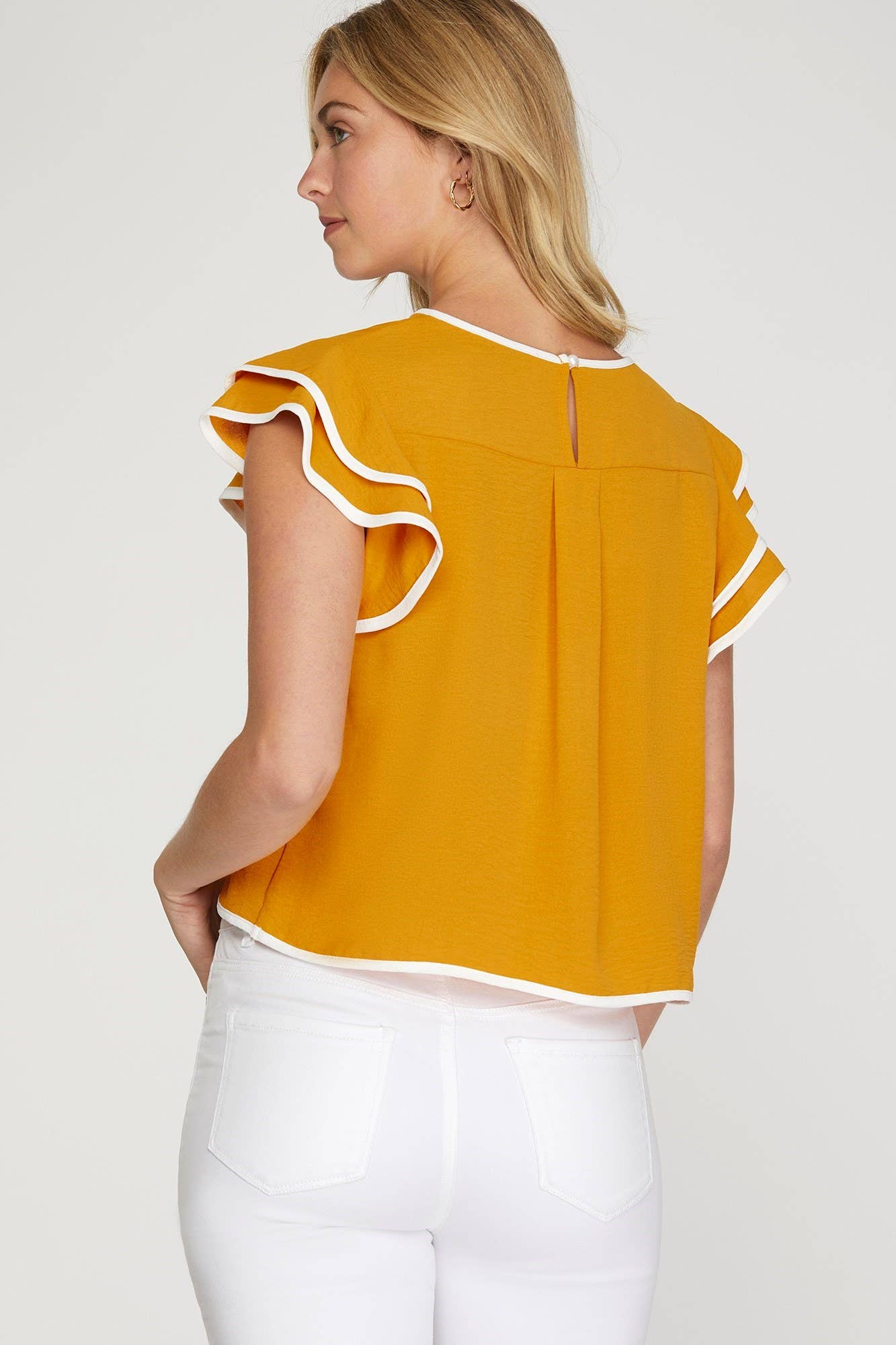 Game Day Ruffle Sleeve Contrast Piping Top- Garnet