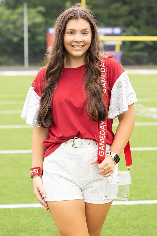 Winning Season Maroon and White Sequin Sleeve Shirt