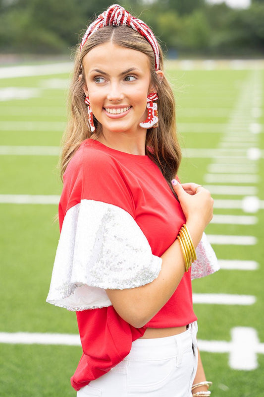 Winning Season Red and White Sequin Sleeve Shirt
