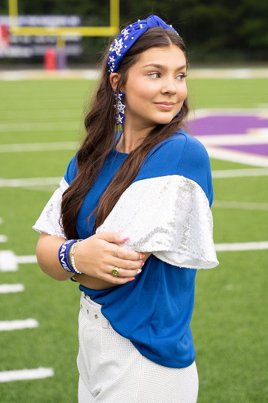 Winning Season Royal and White Sequin Sleeve Shirt