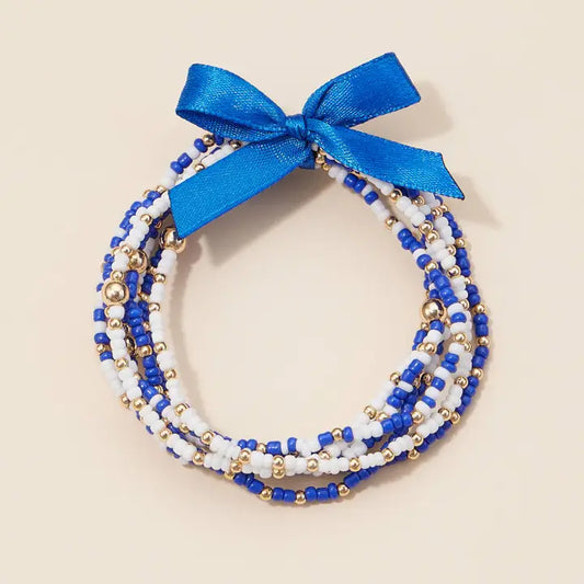 Game Day Seed Beaded Bracelet Set- Blue/ White
