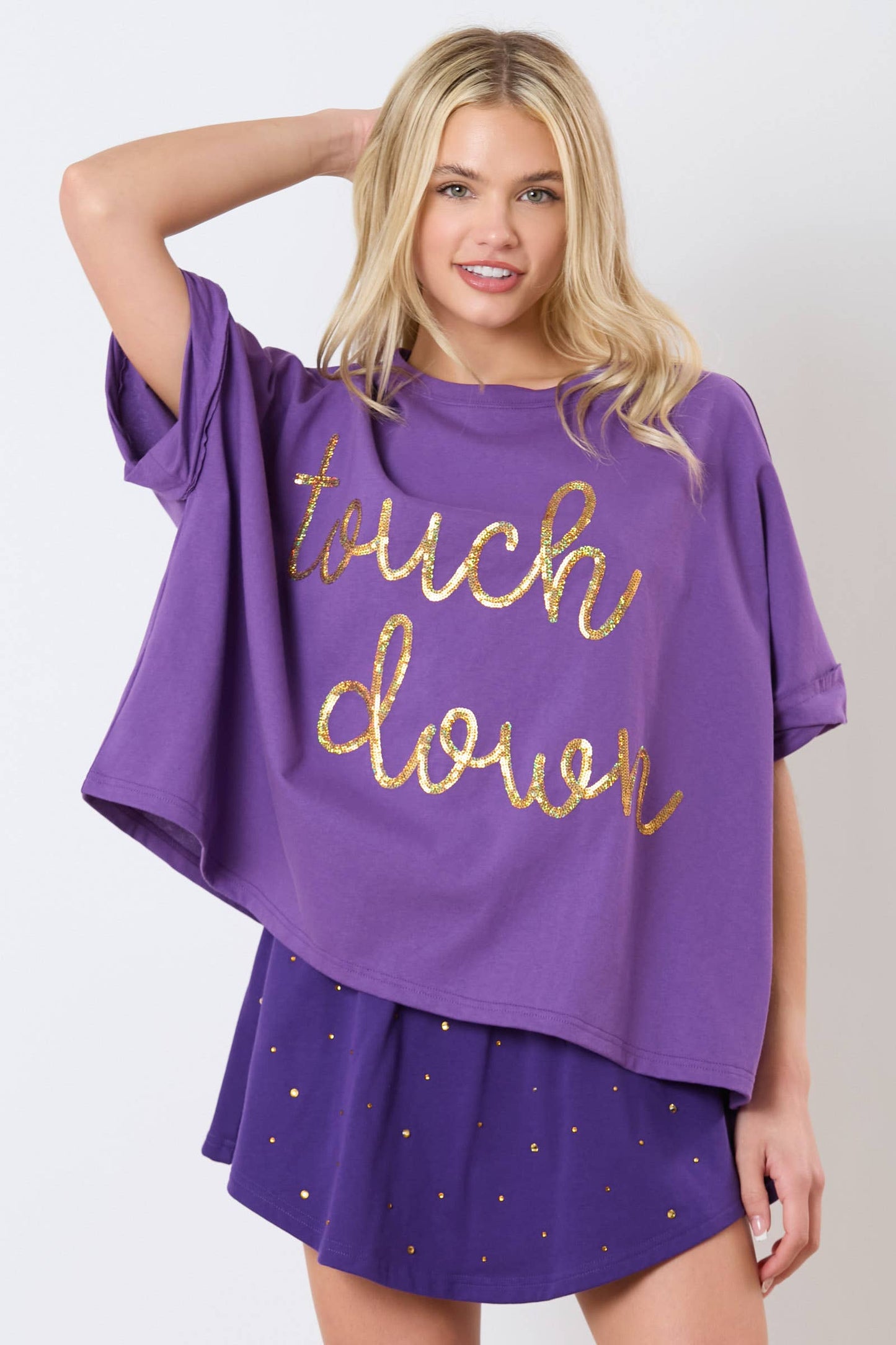 Touch Down Sequin Embroidery Oversized Top- Purple