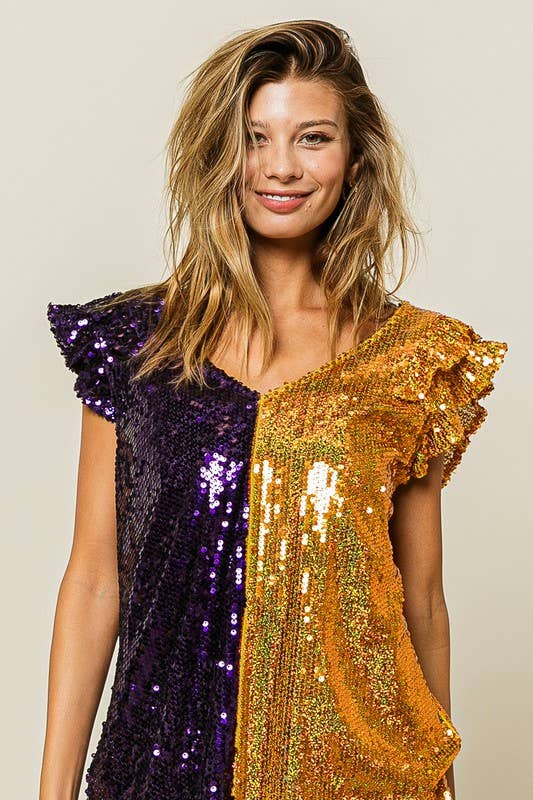 Game Day Color Block Sequin Ruffled Armhole Top- Purple & Gold
