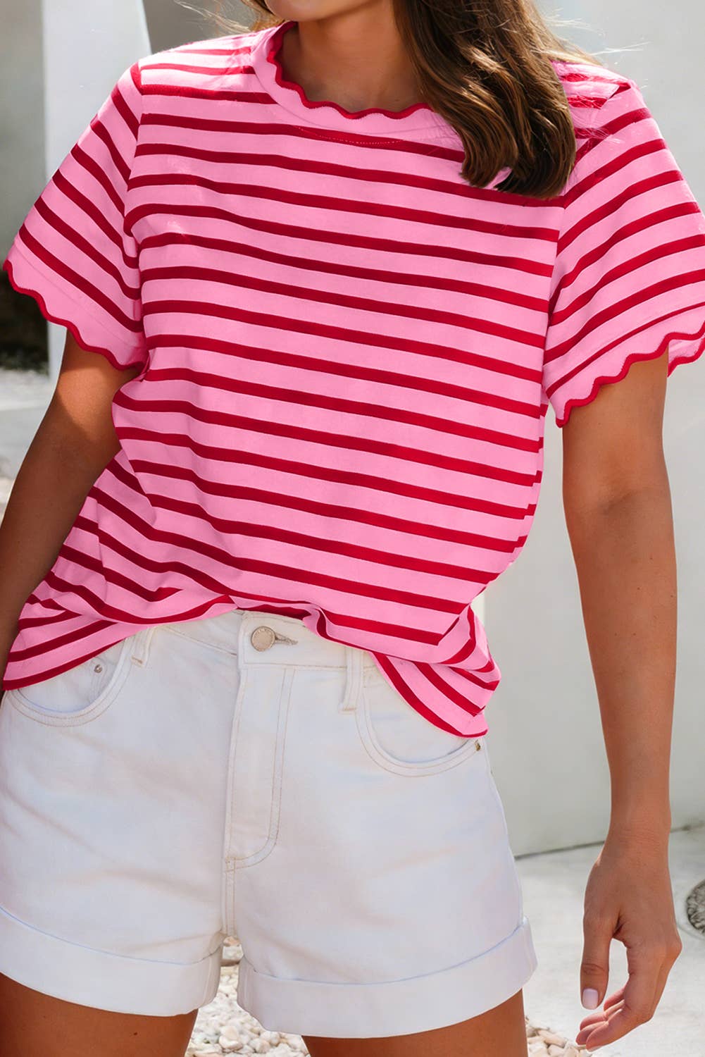 Scalloped Trim Round Neck Stripe Tee