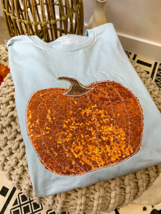Orange Sparkle Pumpkin on Blue Tee