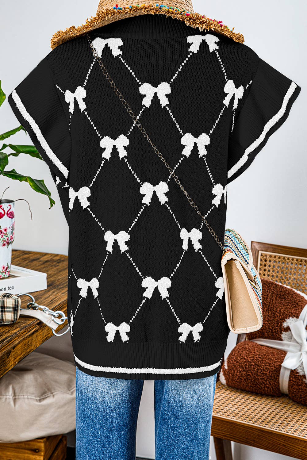 Fashion-W Preppy Vibes Bow Print Zipped Collar Sweater Tee- White