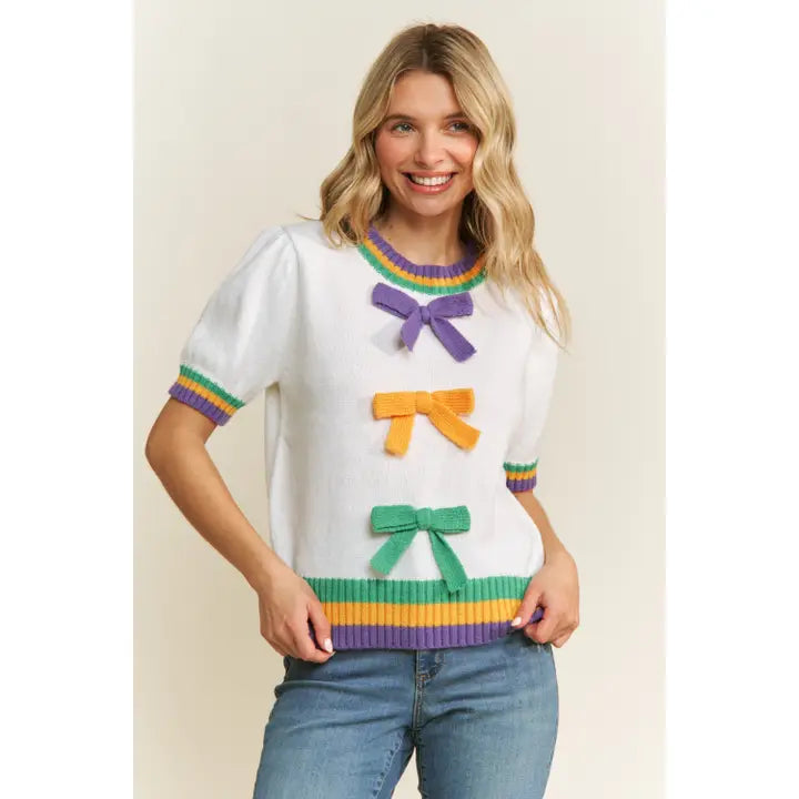 Mardi Gras Bow Detail Puff Sleeve Pullover Top- White