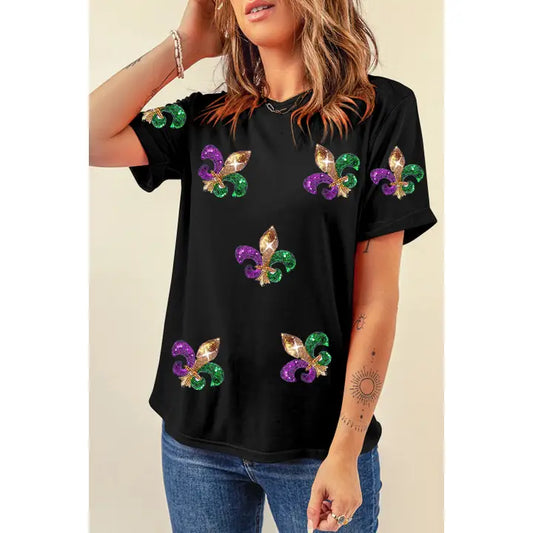 Mardi Gras Symbol Patched Tee- Black