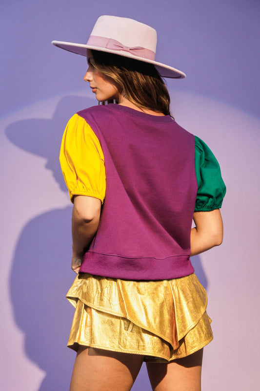 Color Block Sequin Mardi Gras Crop Top