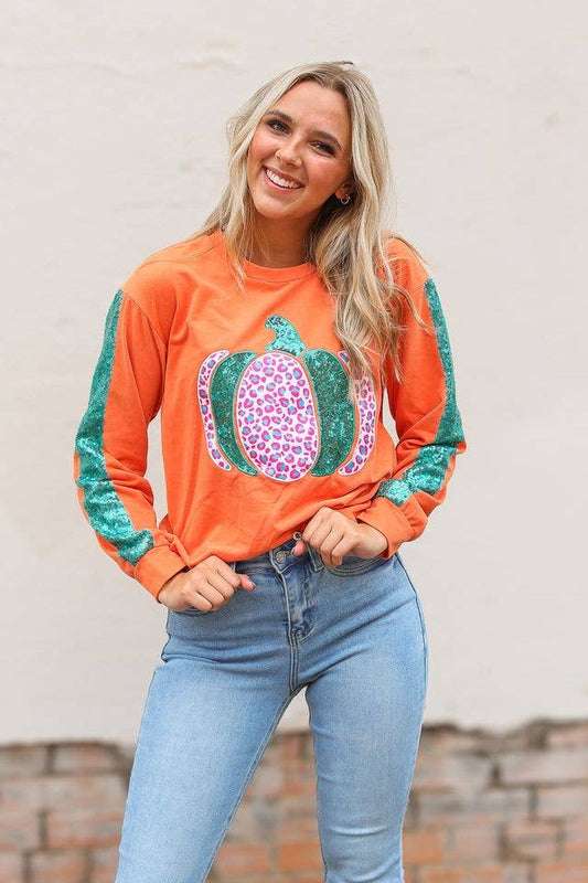 Orange Pumpkin Sequin Sleeve Sweater
