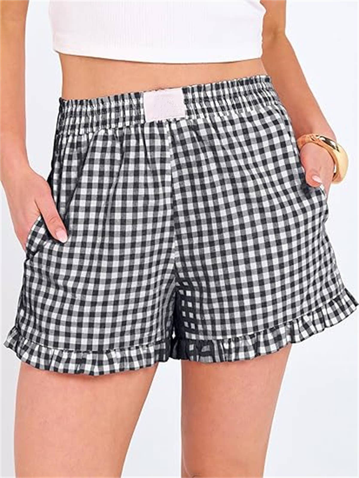 Red Check Print Ruffle Shorts