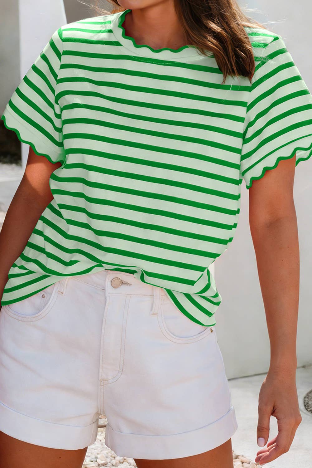Scalloped Trim Round Neck Stripe Tee