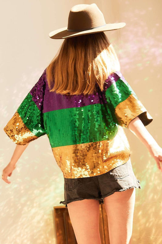 Mardi Gras Color Block Sequin Crop