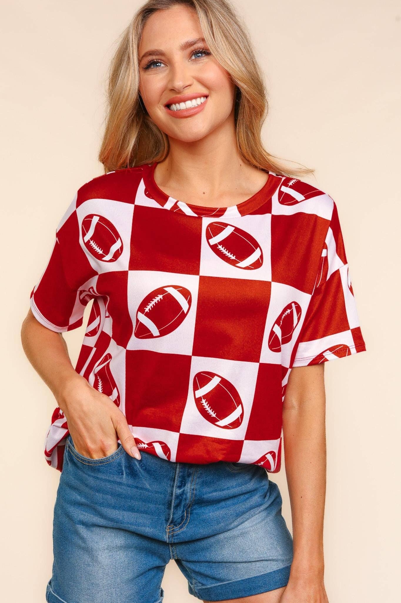 Game Day Football Checker Print Knit Top- Red