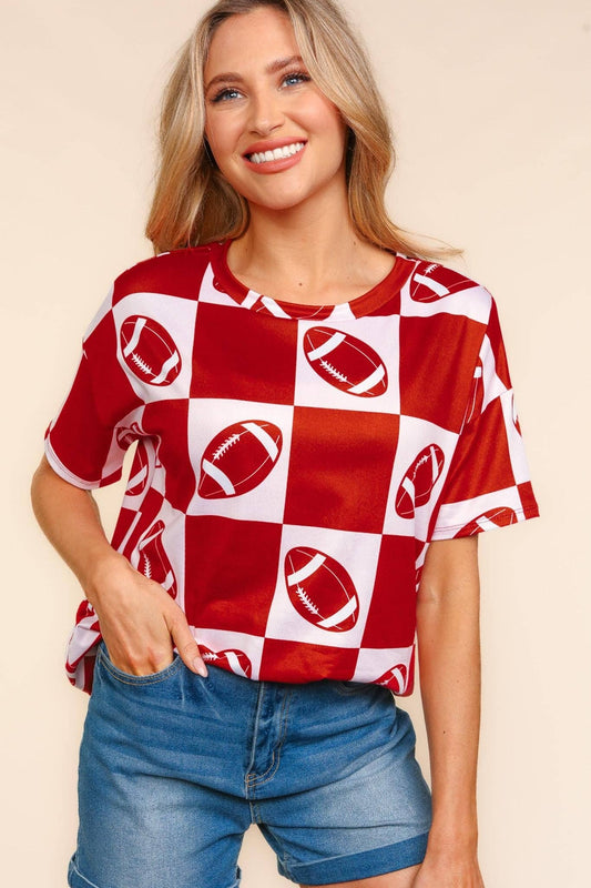 Game Day Football Checker Print Knit Top- Red
