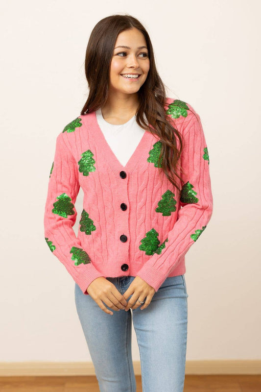Sequin Pink Trees Cardigan
