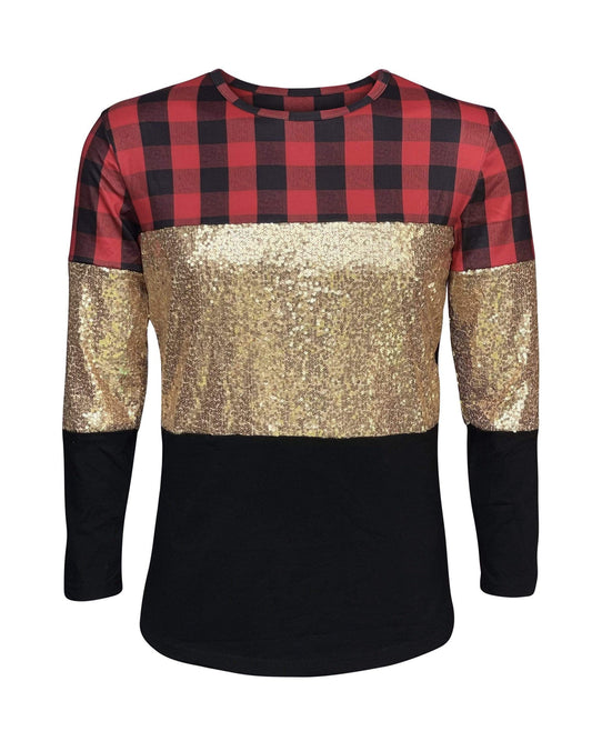Color Block Red Plaid Gold Sequin Top