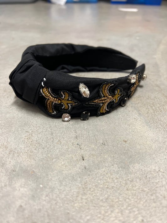 Black & Gold Fleur de Lis Stoned Gameday Headband