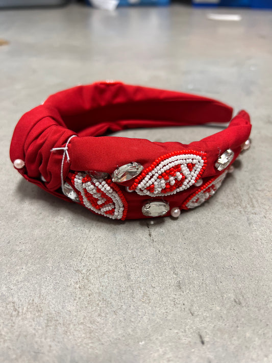 Red with White Seed Bead Football Gameday Headband
