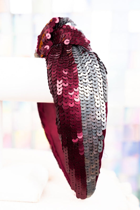 Team Colors Wine and Gray Sequin Knotted Headband