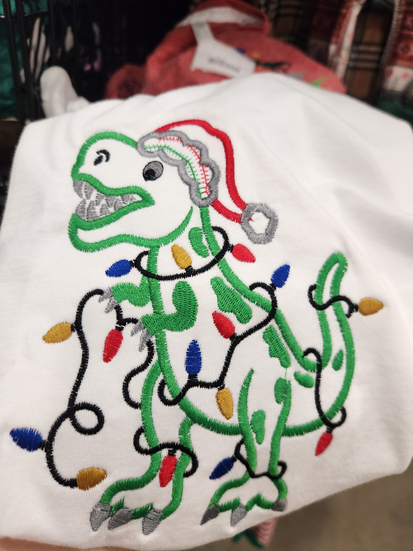T-Rex Christmas Lights Embroidered T-Shirt