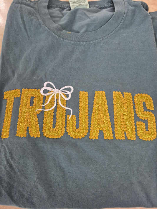 Trojans- Bubble Stitched Mascot with Bow