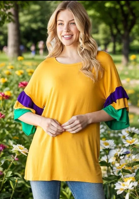 Mardi Gras Ruffle Sleeve Solid Top