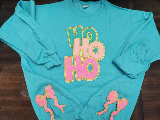 Ho Ho Ho Chenille Patch Sweatshirt W/Side Bows