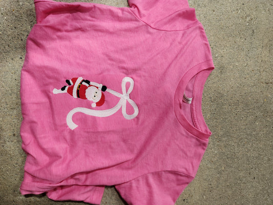 Santa Hanging On Whimsy Bow Embroidered TShirt