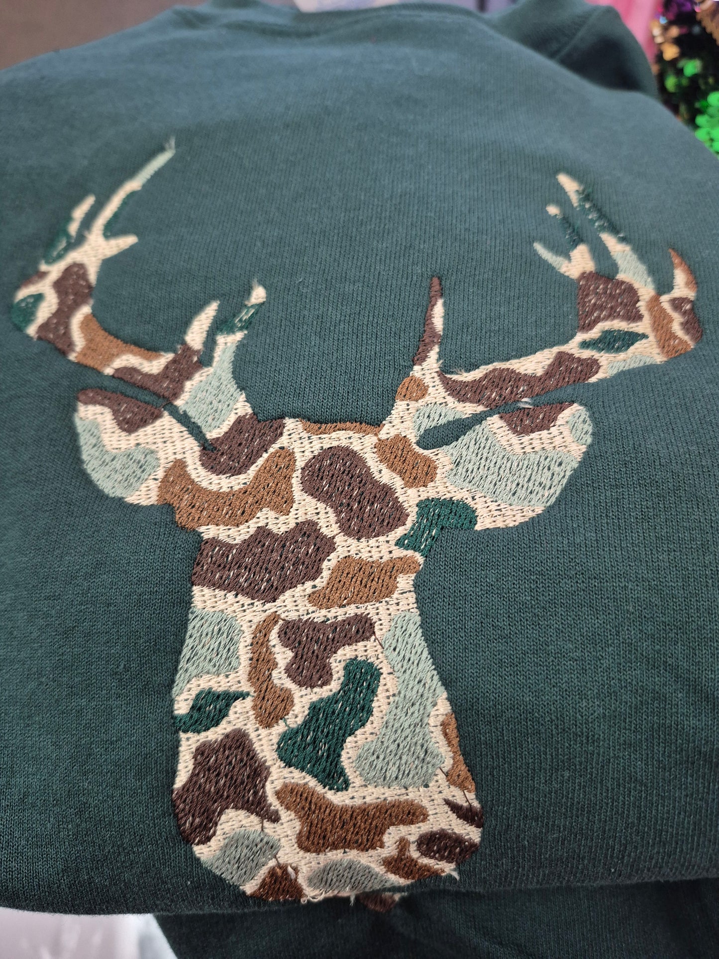 Camo Deer Head Embroidered Sweatshirt