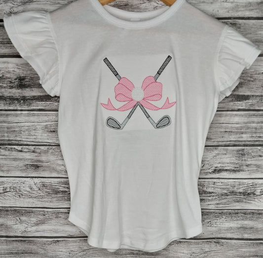 Golf Clubs W/Bow Sketch Embroidered T-shirt