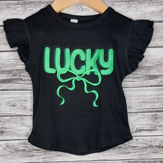 LUCKY W/Bow Flutter Sleeve Embroidered T-Shirt
