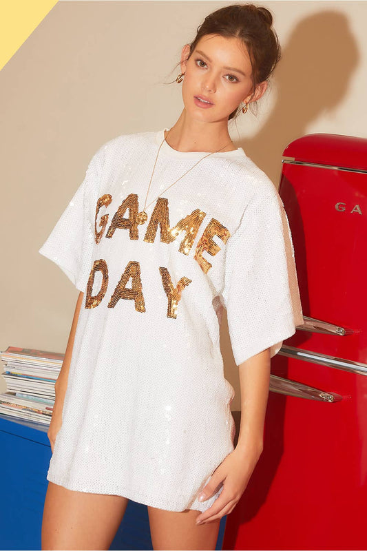 Round Neck Sequin GAME DAY letter Tunic Top - White