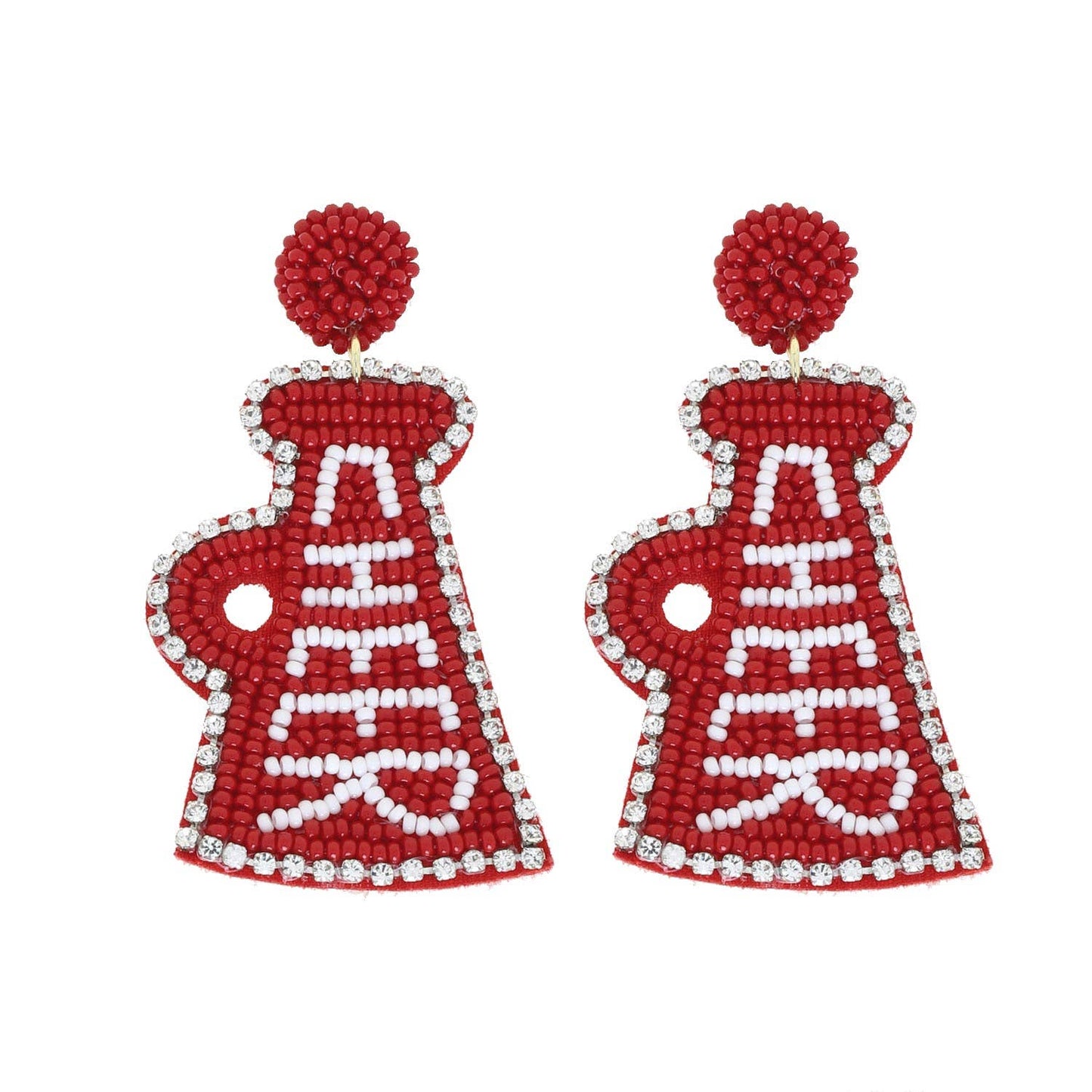 Jeweled Trim Beaded Cheer Megaphone Dangle Earrings - Burgundy & White