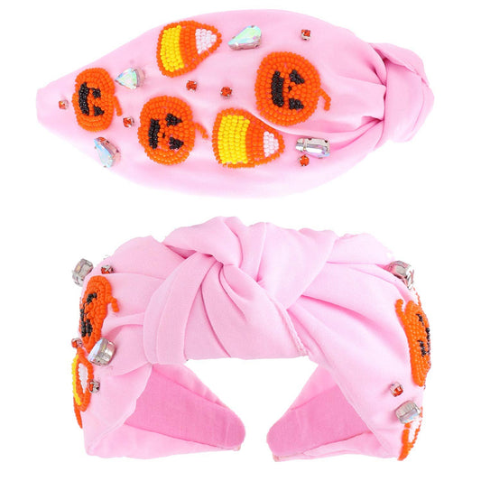 Beaded Candy Corn & Jack O Lantern Jeweled Knotted Headband - Pink