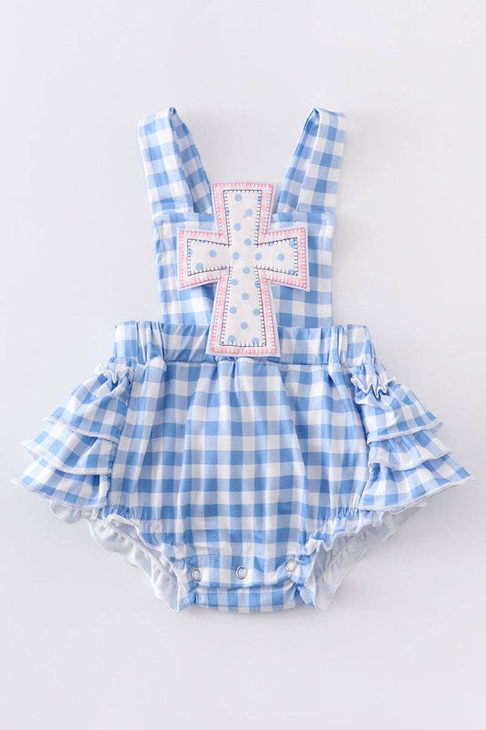 Blue plaid cross ruffle girl romper