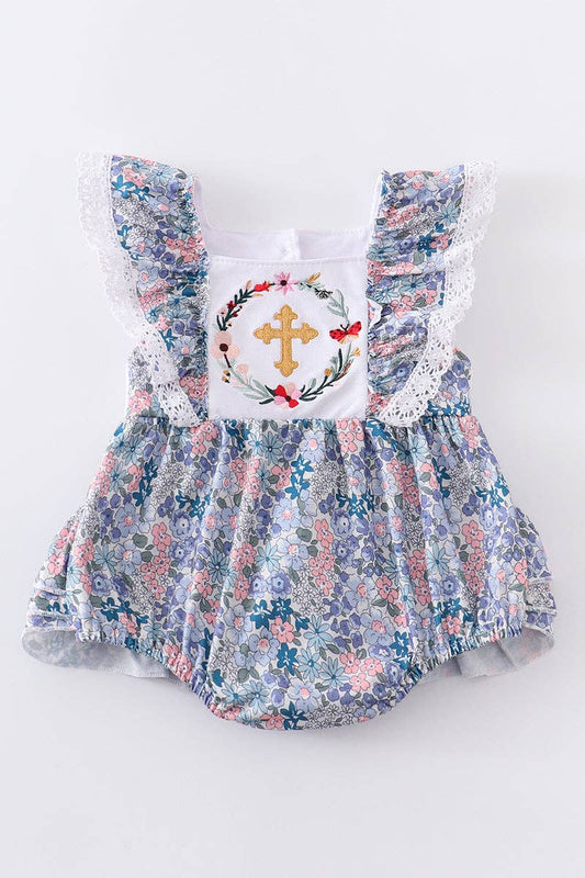 Easter Wreath Embroidery Ruffle Girl Bubble