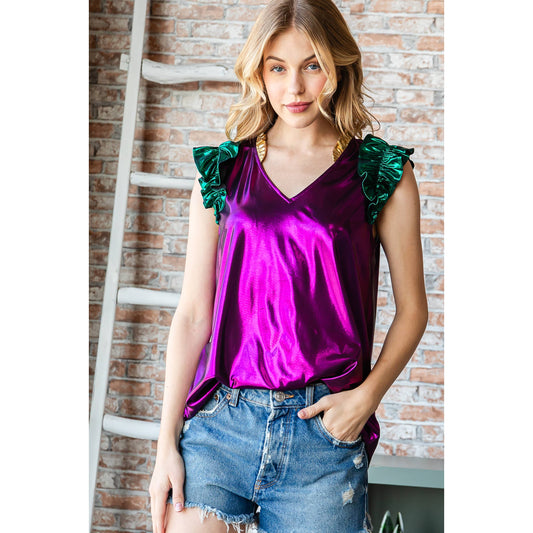 Mardi Gras Metallic Flutter Sleeve V-Neck Top- Purple